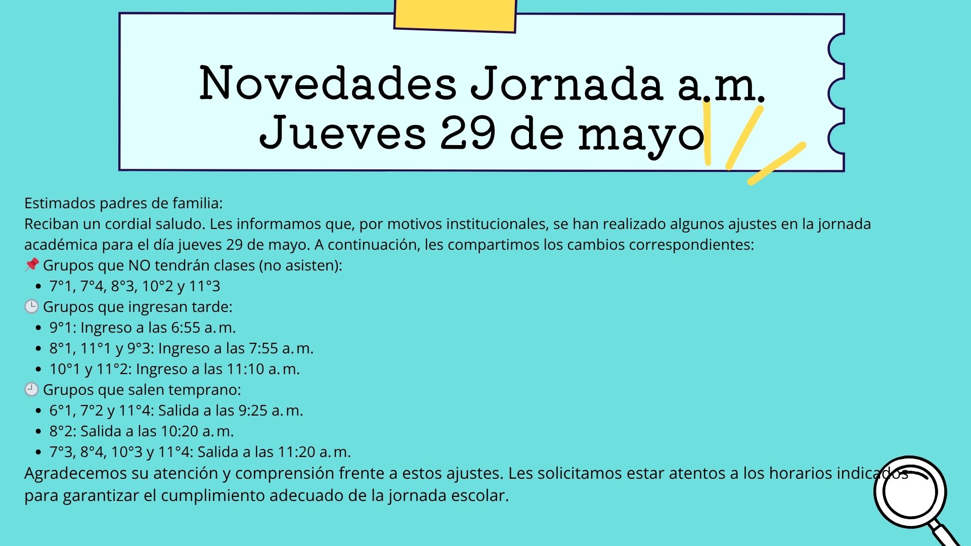 Novedades Jornada am, jueves 29 de mayo